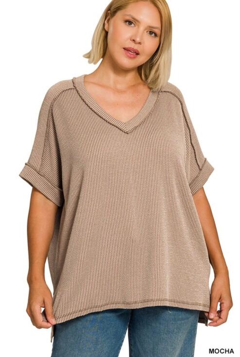 Zenana Outfitters Tops - Zenana Mocha Oversized V-Neck Short Sleeve Top – Size 1X/2X